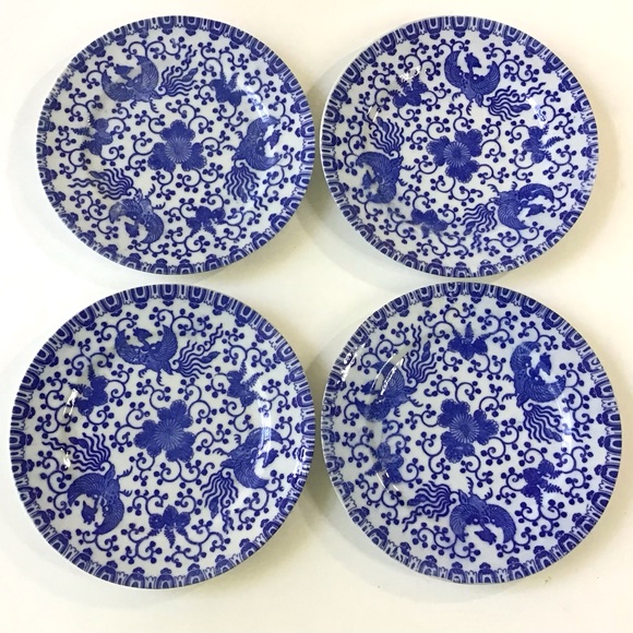 Vintage Japan Blue White Porcelain Salad Dessert Plates 7.25” Phoenix Bird Set 4 - Picture 1 of 11